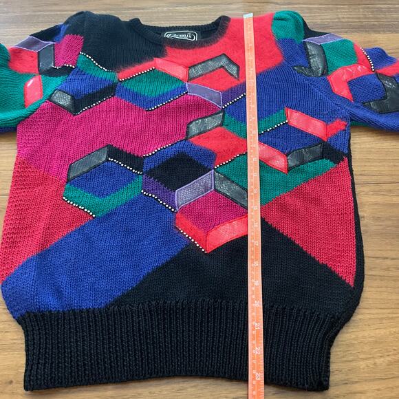 Vintage 80s Sweater Small Leather Angora Geometric Color Block Funky Retro - Picture 5 of 10